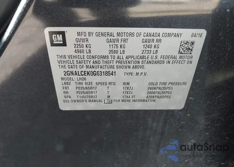 2016 Chevrolet Equinox Lt из США, поврежденный, VIN 2GNALCEK0G6318541